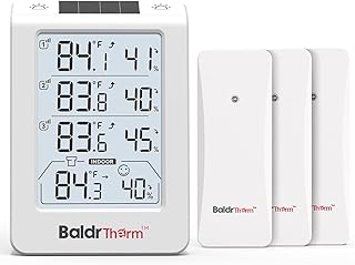 BaldrTherm Solar Photosensitive Three Channel Thermo-Hygrometer, Wireless Temperature & Humidity Monitor with 330ft Range, 4.8" Digital Display, Smart Backlight, Real-Time Alerts, White