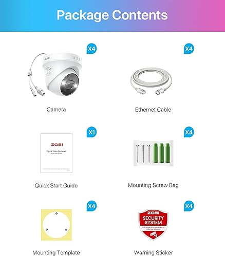 Miniatura 9 de ZOSI 4PK 4K PoE Cámara incorporada con cables Ethernet, cámara de seguridad domo de 8MP resistente a la intemperie para interiores y exteriores con