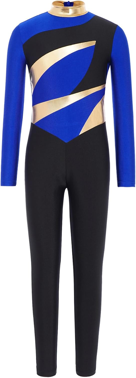 Kids Boys Turtleneck Unitard Full Body Gymnastics Dance Leotard Long Sleeve Jumpsuit Metallic Catsuit