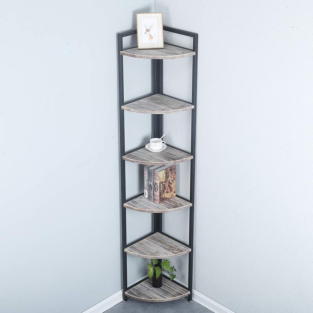 Industrial Wood Corner Shelf 6 Tier,Corner Bookcases and Book Shelves 6