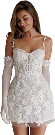 LECOYOYO Short Wedding Dresses for Bride 2026 Lace Applique Boho Mini Bridal Dress for Bride Long Sleeve Bridal Shower Gowns
