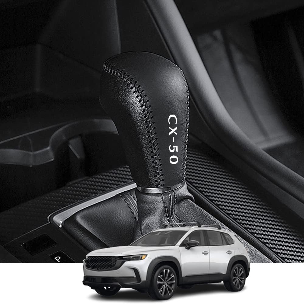 Kakash Custom Interior Accessories for Mazda CX-50 2023 2024 Leather Automatic Gear Shift Knob Cover,Transimission Boots Shift Lever Sheath(Black Stitches)