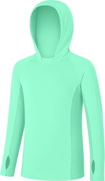Boys Hooded Rash Guard Fishing Shirt, UPF 50+ Kids Long Sleeve Sun Hoodie, Youth UV Protection Beach Swim Shirts
