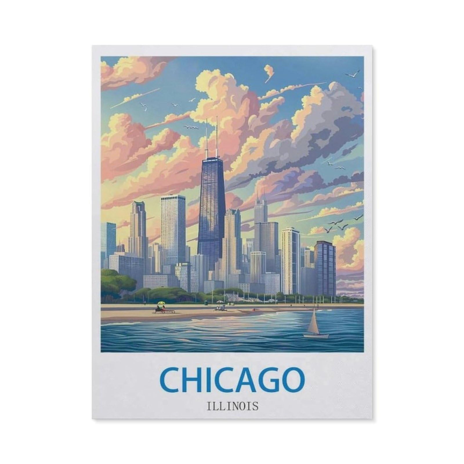 Beayodkp （40 X 50 Cm/15.74 X 19.68 Inches） Diy Diamond Painting，Chicago Illinois，Cross Stitch Full Drill 5D Embroidery Mosaic Wall Decor Art-Ci63