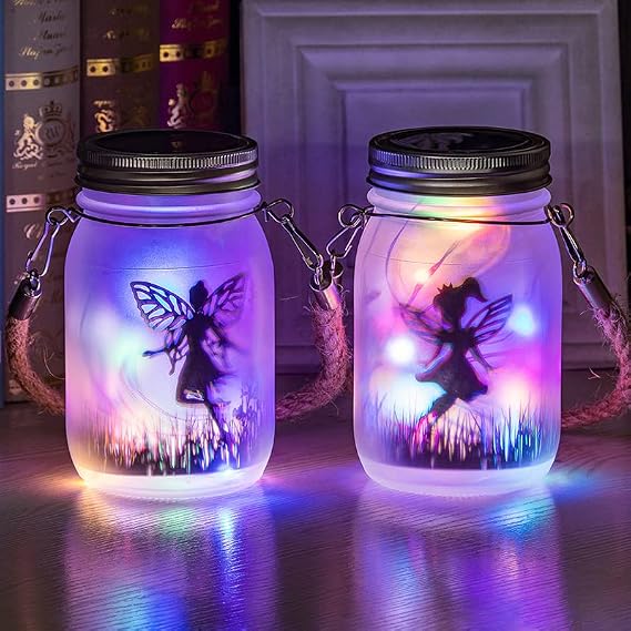 2 Pack Solar Fairy Jar Lanterns, Multicolored | Hanging Glass Mason Jar, Waterproof, For Garden, Patio, Table, Balcony, Lawn & Outdoor Decor [Energy Class G]