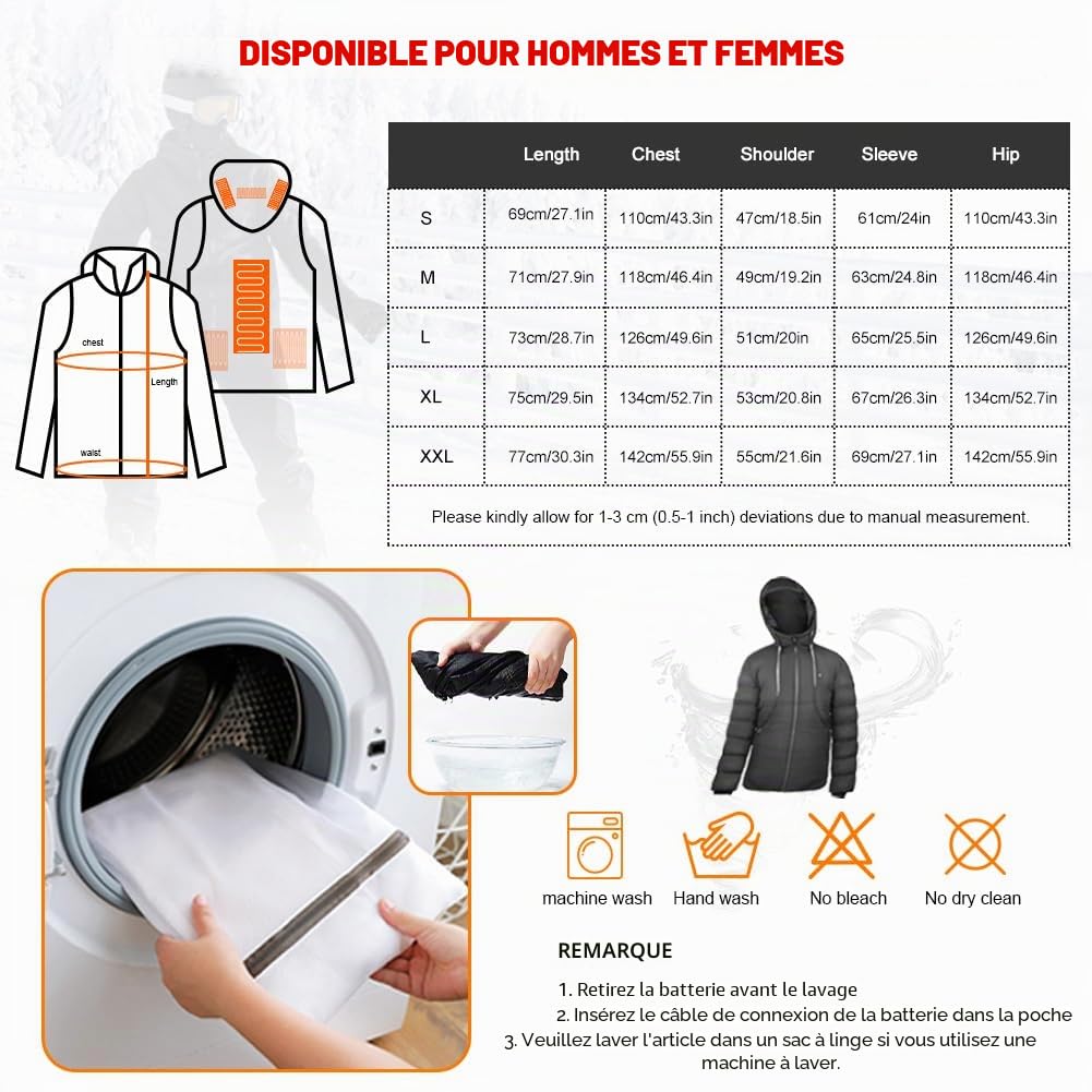 Veste Chauffante pour Homme Femme avec Batterie, Électrique Vestes Chauffant Capuche avec 3 Niveaux de Chauffage, Manteau Blouson Chauffante pour Ski, Moto, Pêche, Activités de Plein Air
