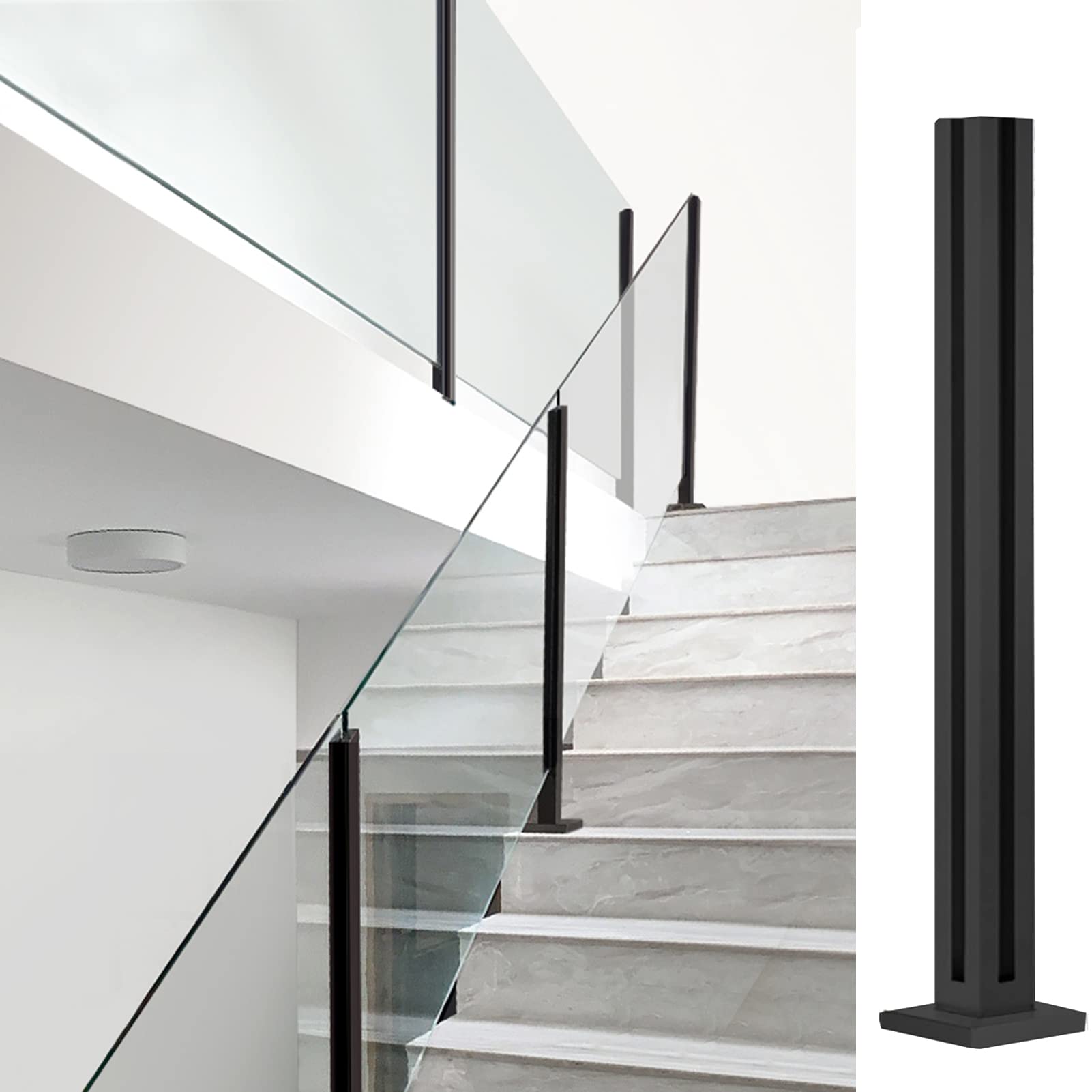 Poteau garde-corps verre inox noir 85-105cm Marc avec fentes et base pour escalier