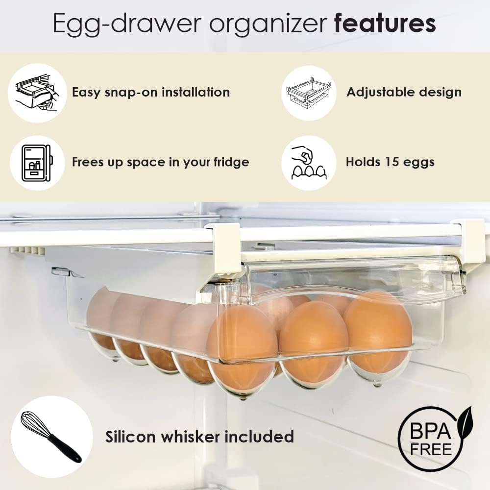 Egg Drawer Holder for Refrigerator - Adjustable Egg Rack Dispenser With Snap-On Installation to Organize And Protect Eggs in Your Fridge - Clear Egg Storage Container Bin And Wisker 2pc Set