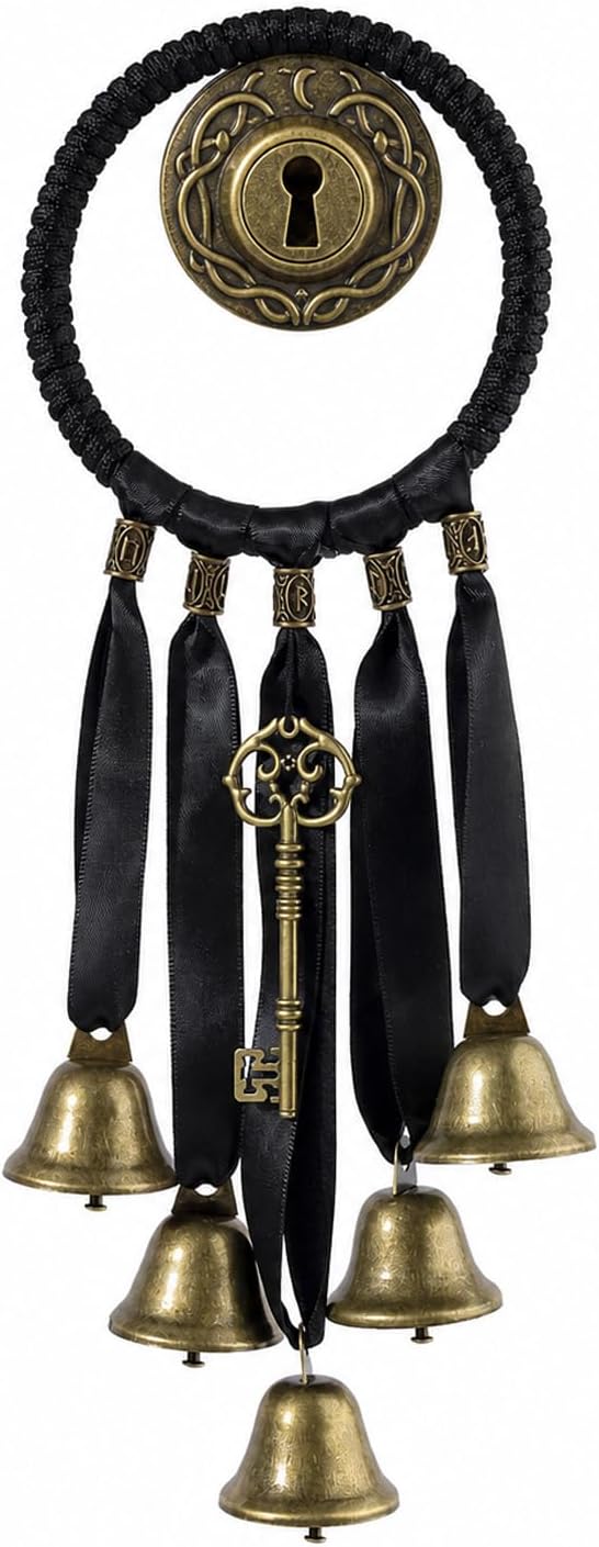 Witch Bells for Door Knob,Handmade Black Witches Bell Hanging Decor, Vintage Brass Bells with Magic Key, 12.6 inch Spiritual Wind Chime for Home Protection, Boho Decor (Retro Red)