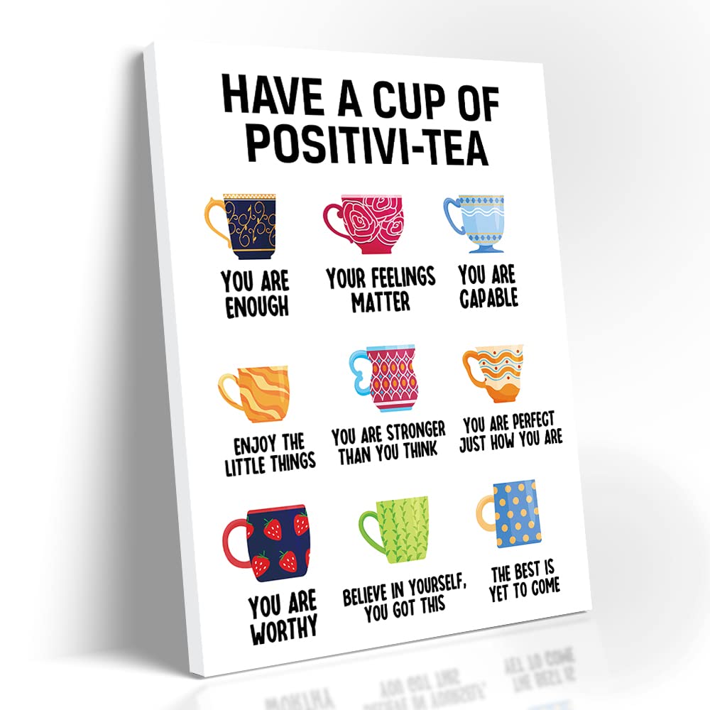 Positivi-tea Positivity Self Affirmation Art Printed Poster, Positive Self-talk Mental Health Canvas Poster with Frame, Therapy Office Decor, School Counselor Office Decor, Ready to Hang (12"X15")