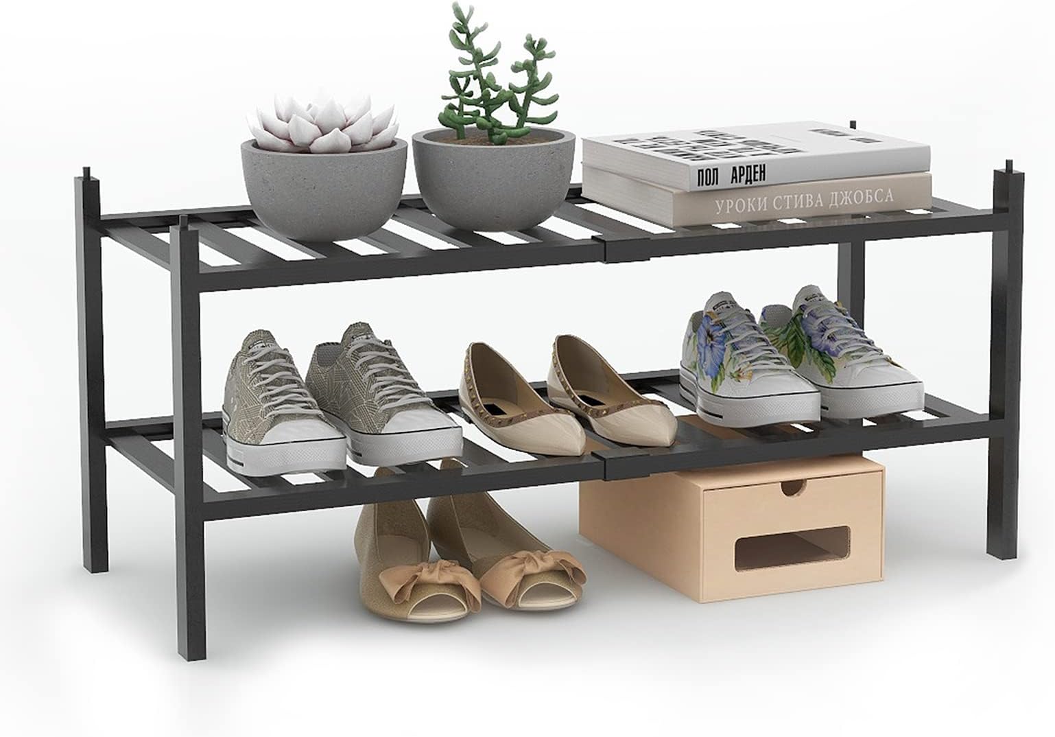 Bamboo Shoe Rack for Entryway, 2 Tier Stackable Shoe Shelf, Small Shoe Rack for Closet, Free Standing Shoe Stand Black Shoe Organizer, D11 x W27.2 x H13.11