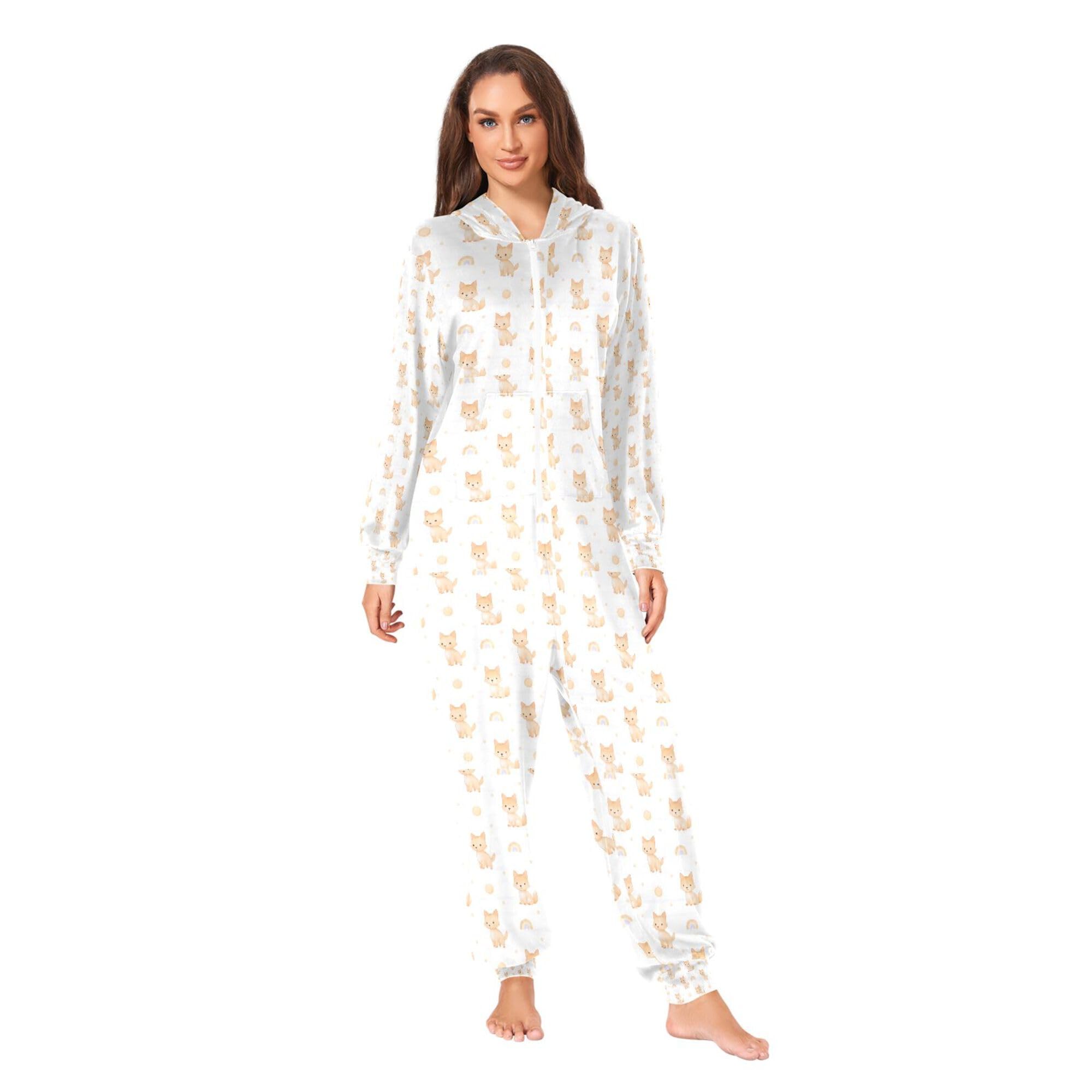 Onesie dla kobiet piżama z kapturem 1-częściowa bielizna nocna kreskówka urocze koty bielizna nocna
