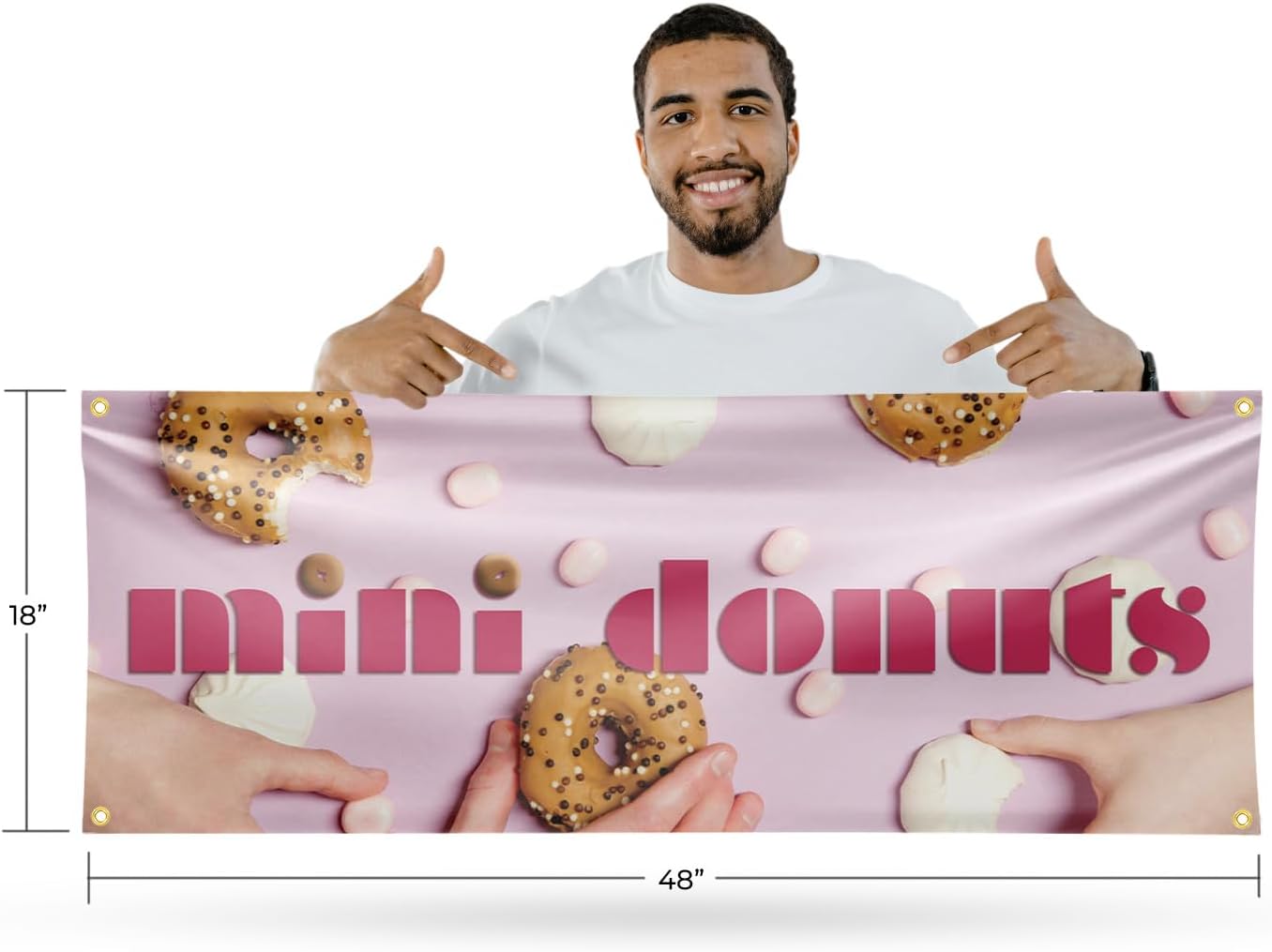 Mini Donuts Banner Sign 18 Inch x 48 Inch | 13 oz Vinyl with Metal Grommets | Heavy-Duty Single-Sided Outdoor Durable Printed High-Quality Weatherproof | Made in the USA