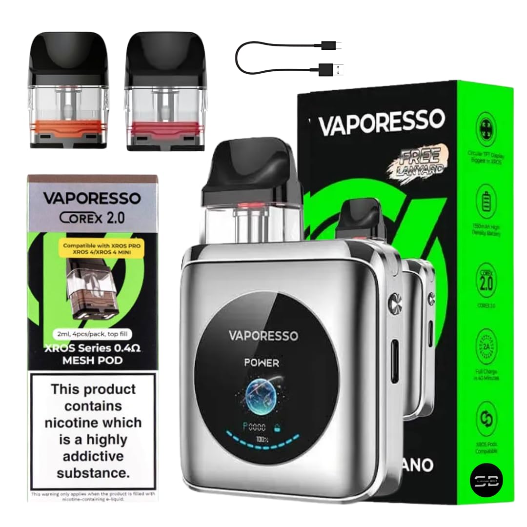 Vaporesso XROS 4 Nano Vape Kit [Titanium Silver + 4x 0.4Ω Pods] – 8 Colours – 1350mAh Long-Lasting Battery, 2A Fast Charge (30 Min), 30W Output, 1.3″ TFT Display –Works with All XROS Pods– No Nicotine
