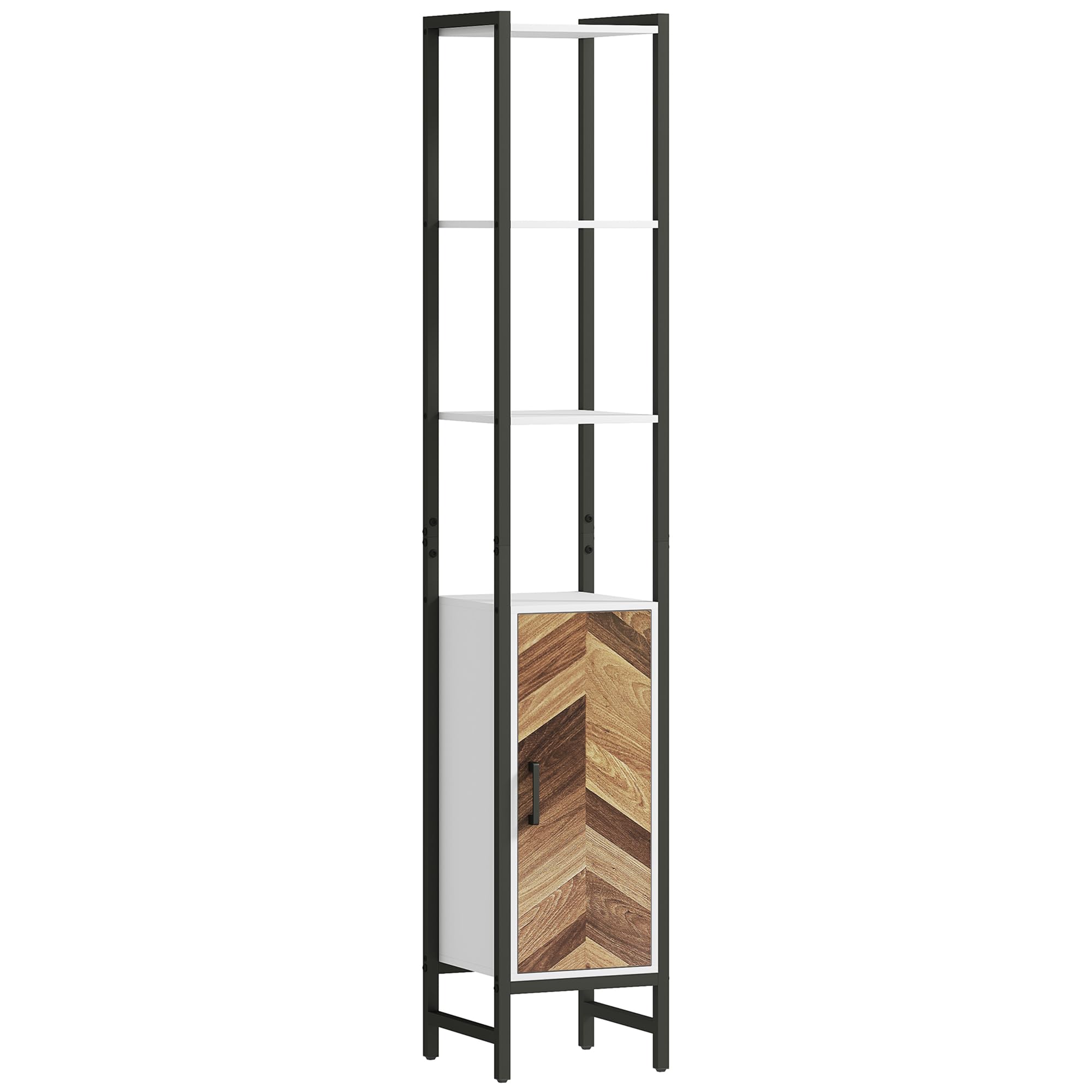 HOMCOM Armario Alto de Baño Columna Almacenaje 30x30x170 cm Blanco/Nogal | 3 Estantes Abiertos, 1 Puerta, Estante Ajustable, Mueble Auxiliar de Baño, Sistema Anti-vuelco