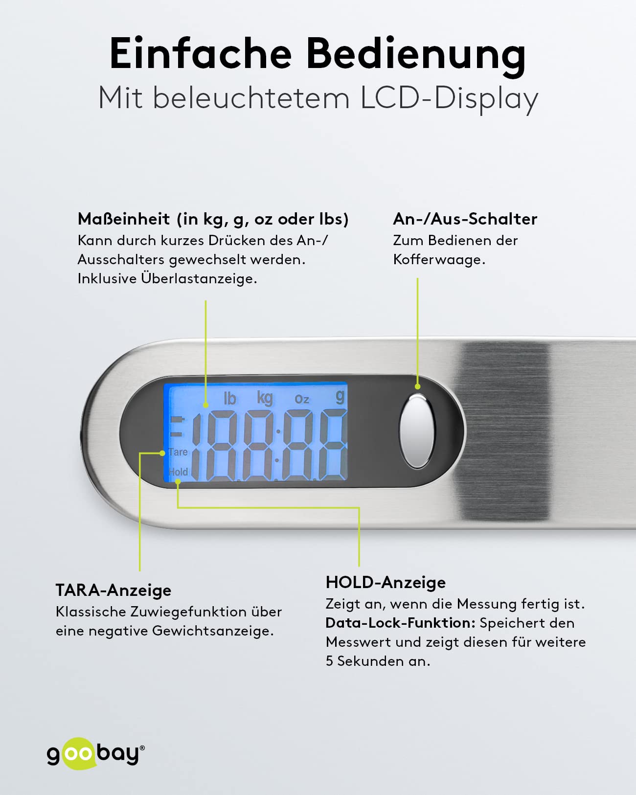 Goobay 71883 cyfrowa waga bagażowa z jasnym wyświetlaczem LCD i funkcją tary, do bagażu do 50 kg, wygodny uchwyt idealnie leży w dłoni, nadaje się do podróży/życia rodzinnego, kolor srebrny