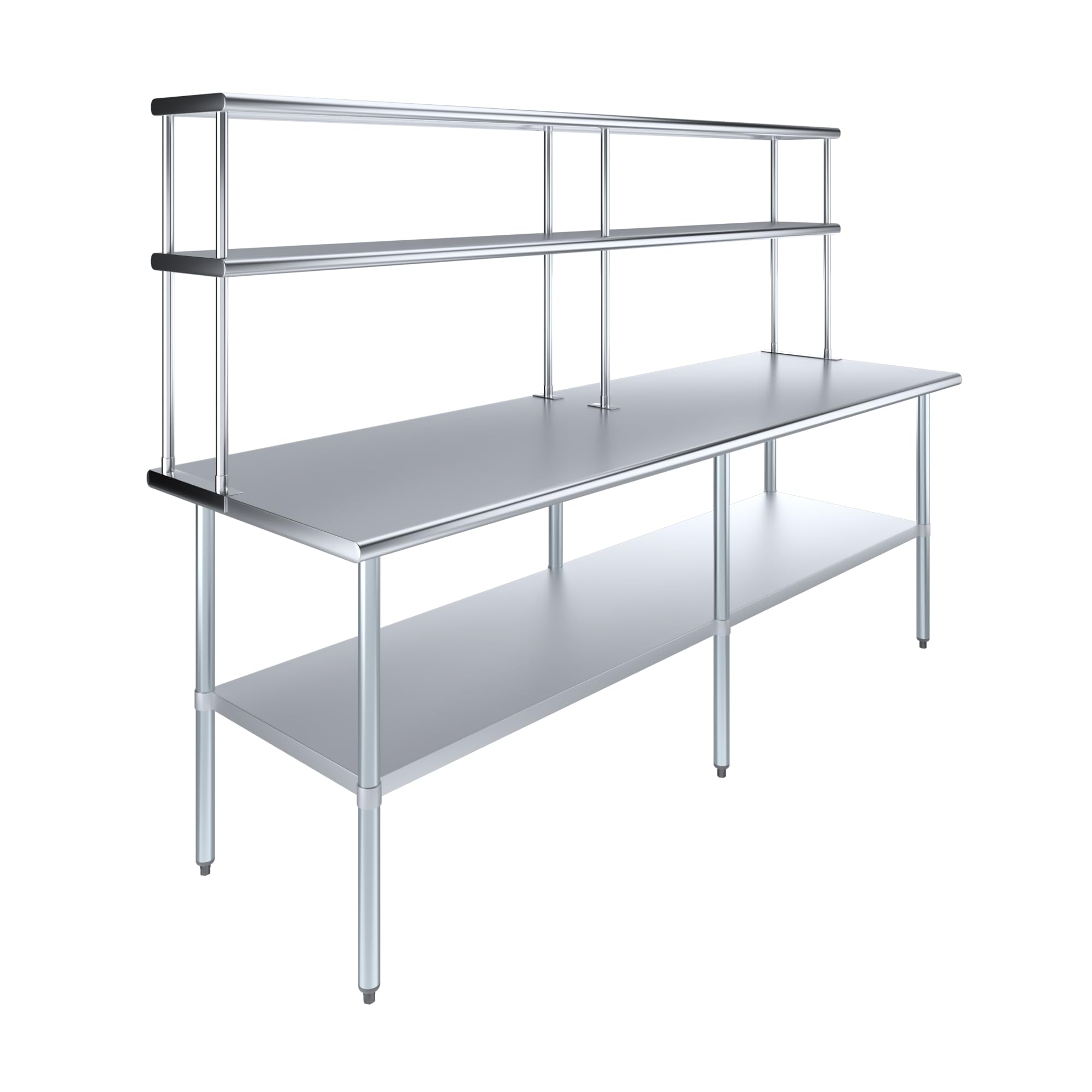 AmGood Stainless Steel Work Table with 12" Wide Double Tier Overshelf | Metal Kitchen Prep Table &amp; Shelving Combo | NSF (Stainless Steel Table with Double Overshelves, 96" Long x 30" Deep)