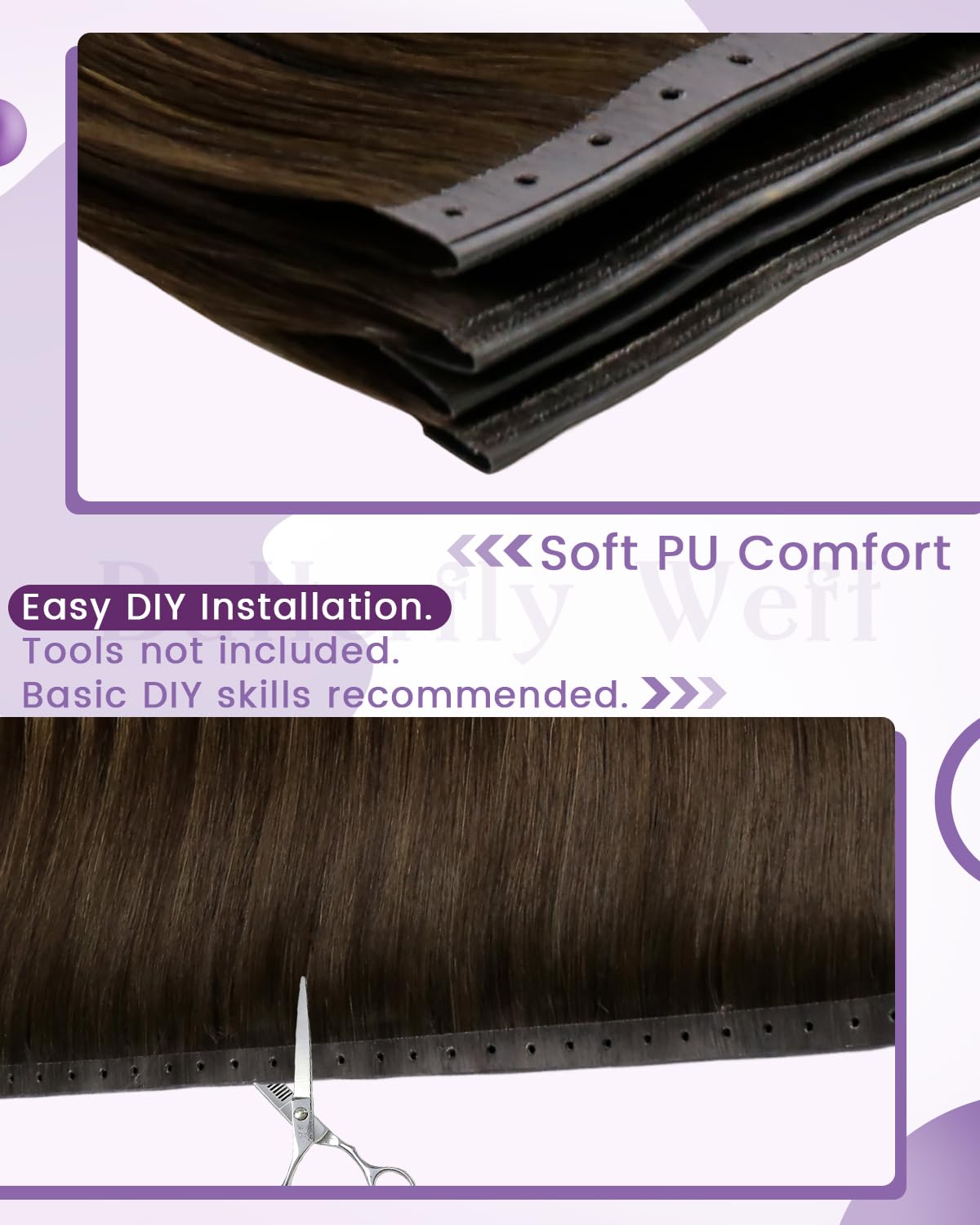 LaaVoo Butterfly Weft Hair Extensions Human Hair Balayage Brown 24 Inch 80g Weft Butterfly Hair Extensions with Micro Beads Look Daily Style Hair