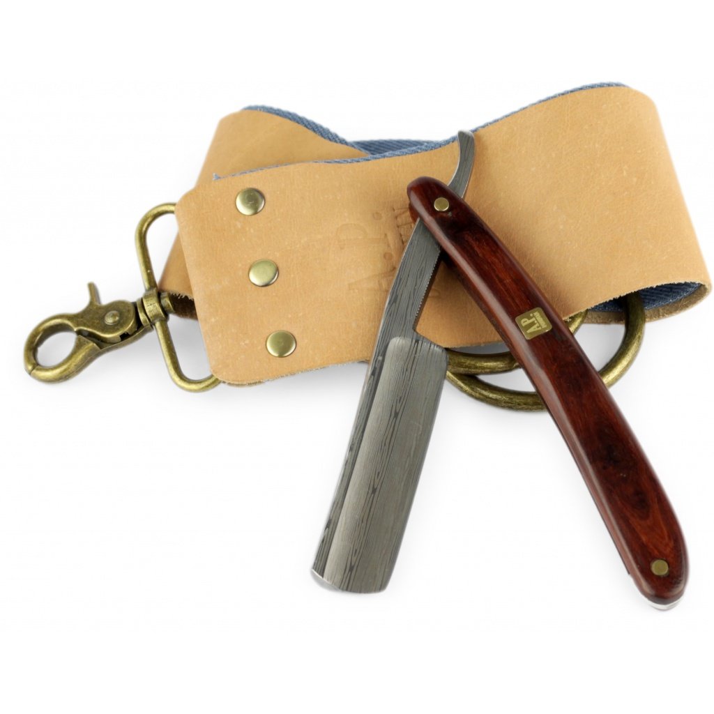 Luxus 7/8" Rasiermesser mit Damast-Klinge und Mahagoni Holzgriff (inkl. Rasierseife, Rasierpinsel, Streichriemen) Geschenke für Männer - Geschenkset