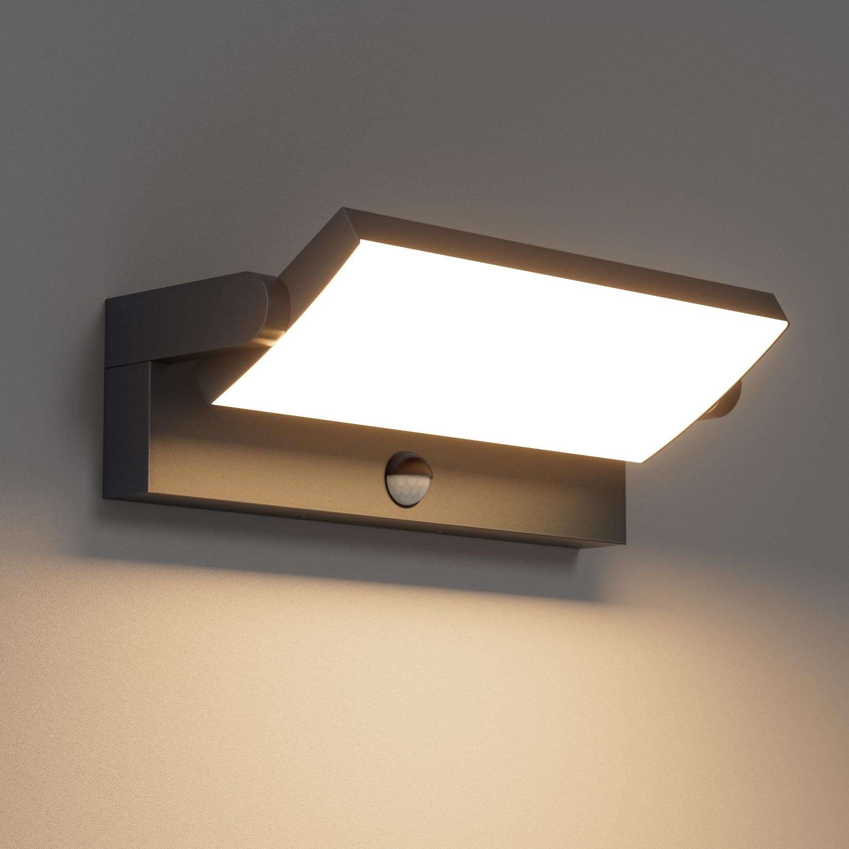 Klighten 45W buitenwandlamp buitenlamp met bewegingsmelder IP65 wandlamp met draaibaar LED paneel, buitenlamp voor tuin terras entree, 3480LM, warm wit 3000K, zwart