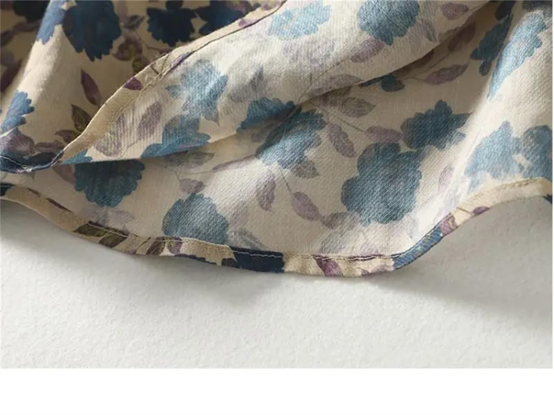 Damski niebieski kwiatowy nadruk lniany okrągły dekolt latarnia rękaw T-shirt luźna bluzka koszula topy