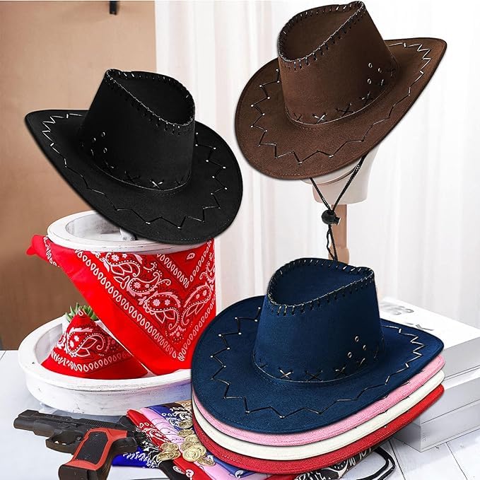 Cappello da cowboy con 6 bandana, confezione multipla, cappelli da cowboy, cappelli da cowboy, per uomo e donna, cappello da cowgirl con cinturino regolabile, per feste a tema cowboy, cavalli da