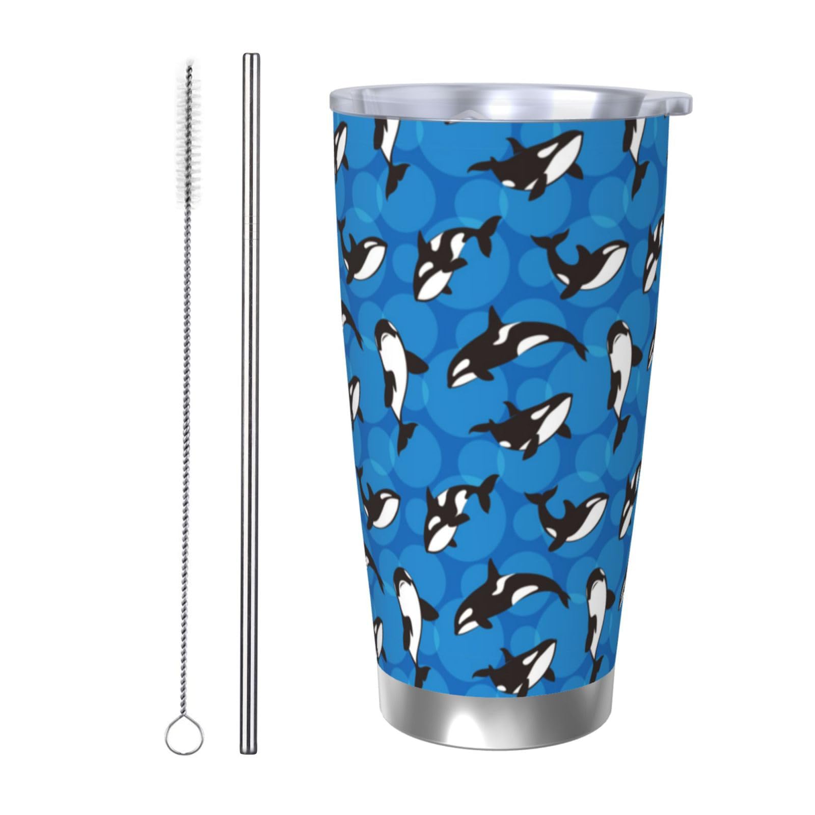 Orca Killer Whale Tumbler 20oz Animal Stainless Steel Vacuum Insulated Tumblers with Lid and Straw Dark Blue Travel Coffee Mug Tea Wine Cups Water Bottle Gifts for Women Cow Lovers