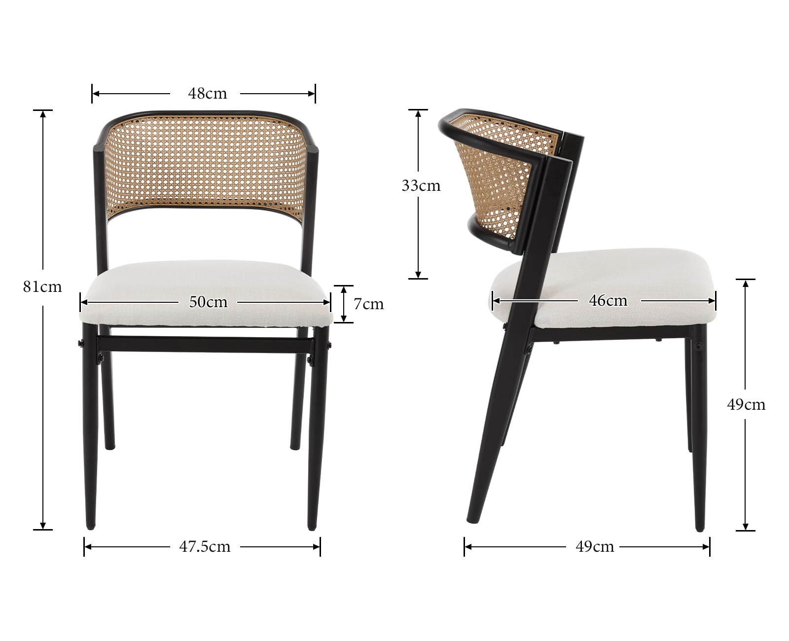 chairus Juego de 2 Sillas de Comedor de Madera Sillas de Cocina con Respaldo de Ratán, Silla Moderna con Asiento de Lino para Mesa/Restaurante, Negro