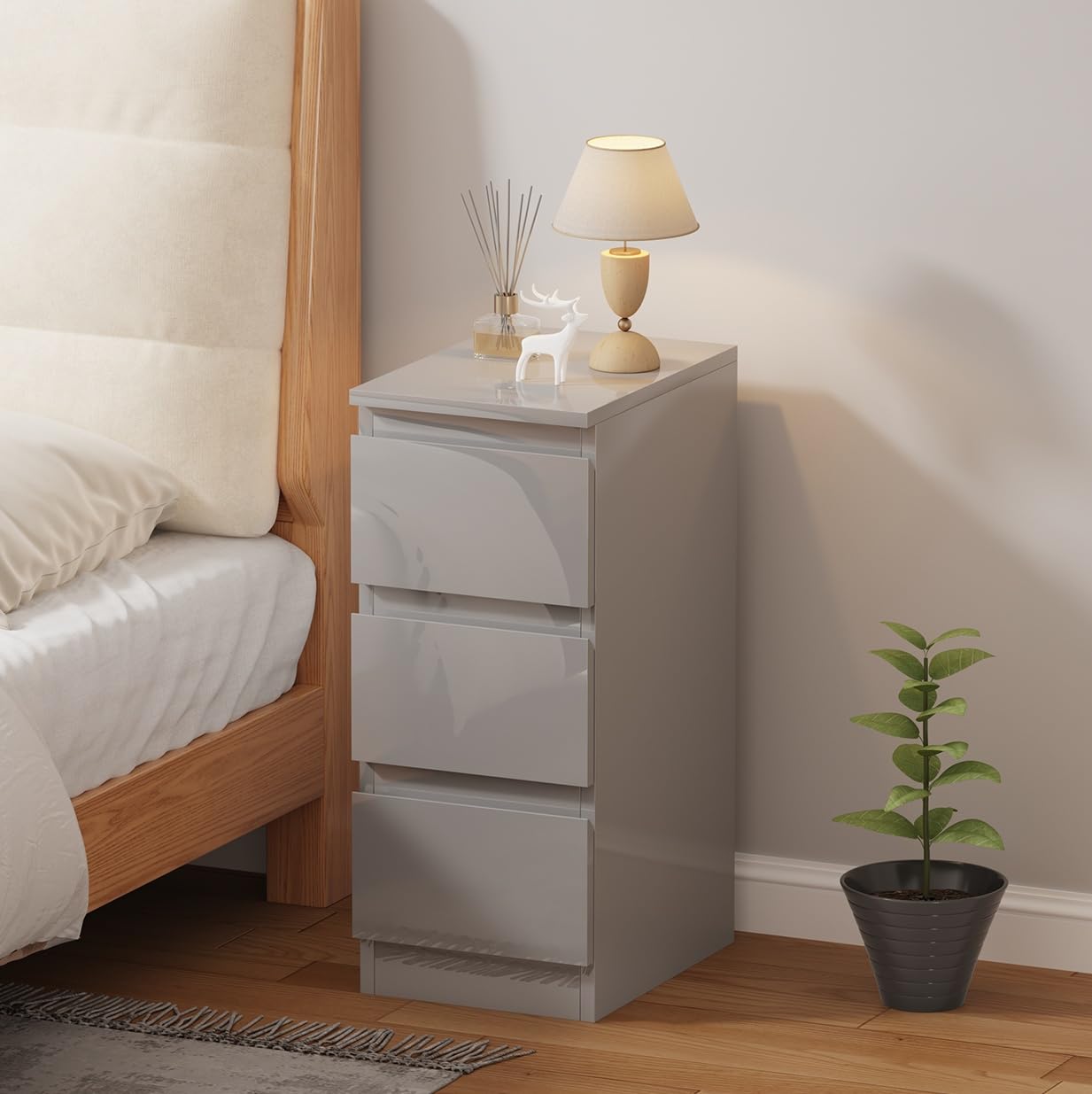 Pantanal 25CM Slim Bedside Table 3 Drawers Nightstand Cabinet Grey for Bedroom Living Room, Narrow Wood Bed Side Table End Table for Small Corner Space