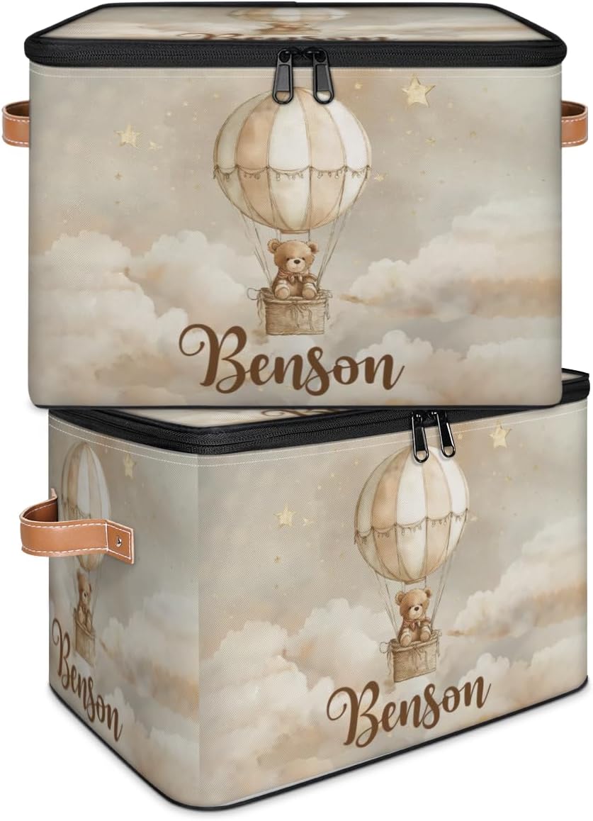 Custom Storage Bins with Lids Personalized Name Foldable Storage Boxes Brown Bear Balloon Clouds Baskets Cube Large capacity Organizer for Shelf Closet Bedroom 2 Pack