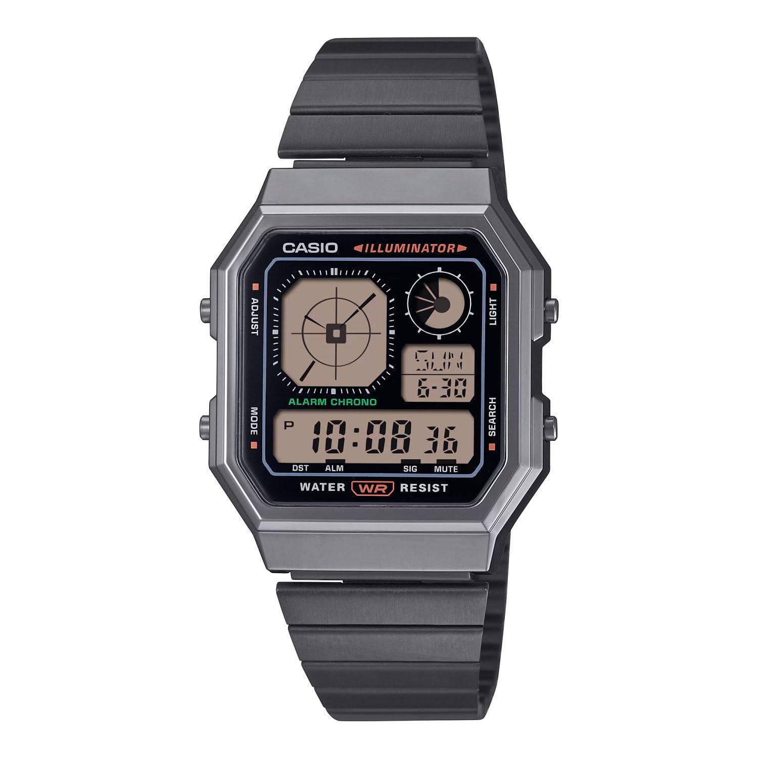 Casio Cyfrowy zegarek kwarcowy unisex z paskiem ze stali nierdzewnej A130WEGG-1AEF, Czarny, pasek