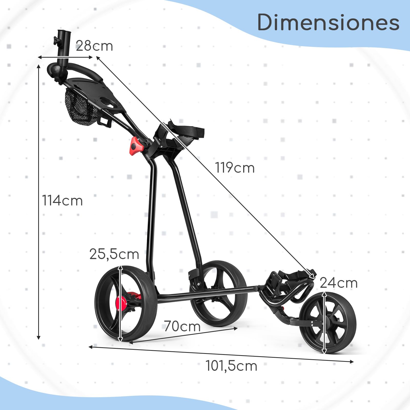 COSTWAY Carrito de Golf Plegable 3 Ruedas con Paragüero Portavasos