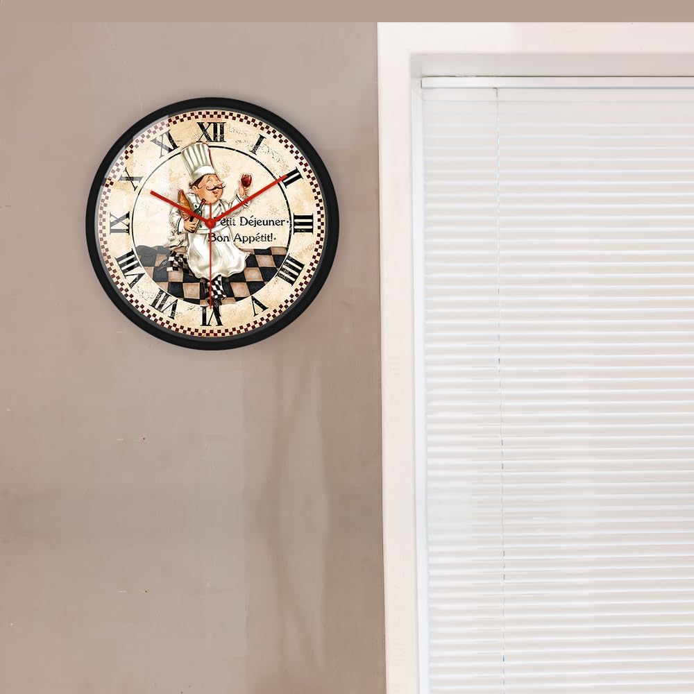 Kitchen Clock with Black Frame, 12'' Vintage Decorative Kitchen Wall Clock Roman Numerals Wall Clock Watch Silent Movement Battery Operated for Kitchens Decor Restaurant Dining Room Chef Gift