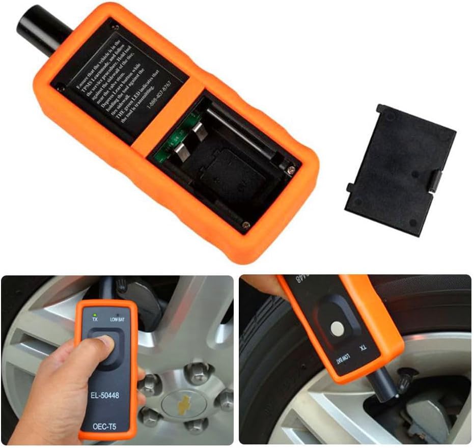 Image showing the back of the VXDAS EL-50448 tool with the battery compartment open, and a hand holding the tool near a tire valve stem.