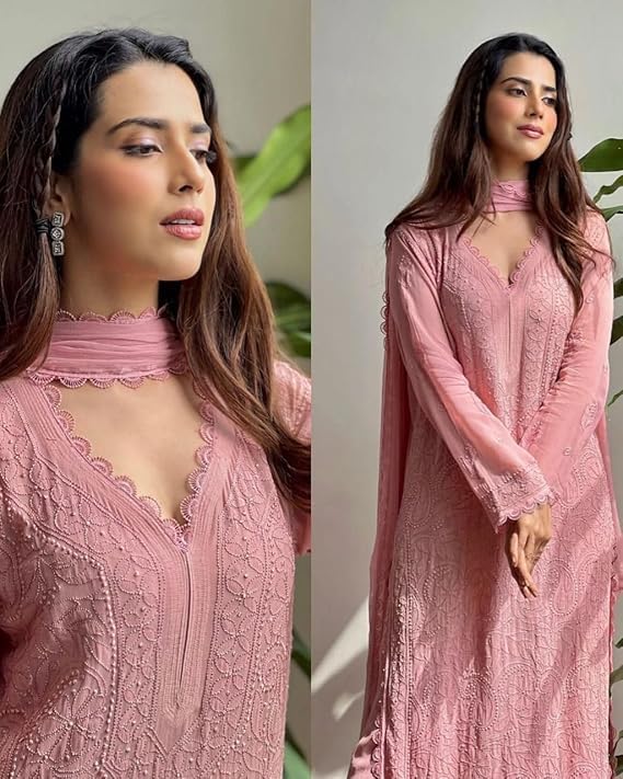 Image of Women Embroidered Straight Kurti with Palazzo And Dupatta Set | Elegant Ethnic Wear Kurta Set | V-Neck Long Sleeve Kurti | Stylish Casual, Festive & Wear for Women