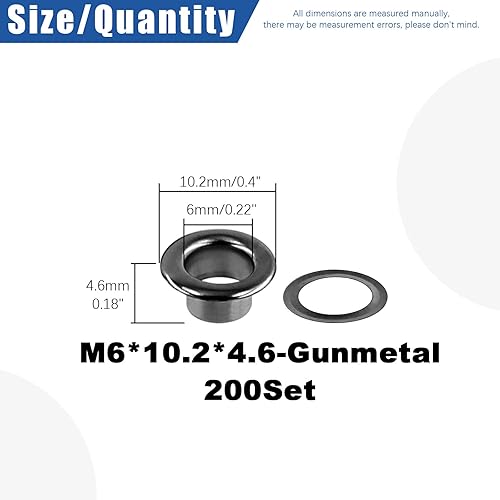 Miniatura 2 de Glarks Juego de 200 ojales gruesos de metal negro pistola de 0.236 pulgadas con arandelas para tela, lona, cortina, ropa, reparación de cuero