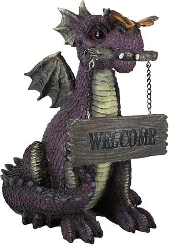 Miniatura 4 de Ebros Gift Fantástico dragón de jardín cómico morado con mariposa amarilla mordiendo tablón de bienvenida figura lindo bebé Drake Calabozos y