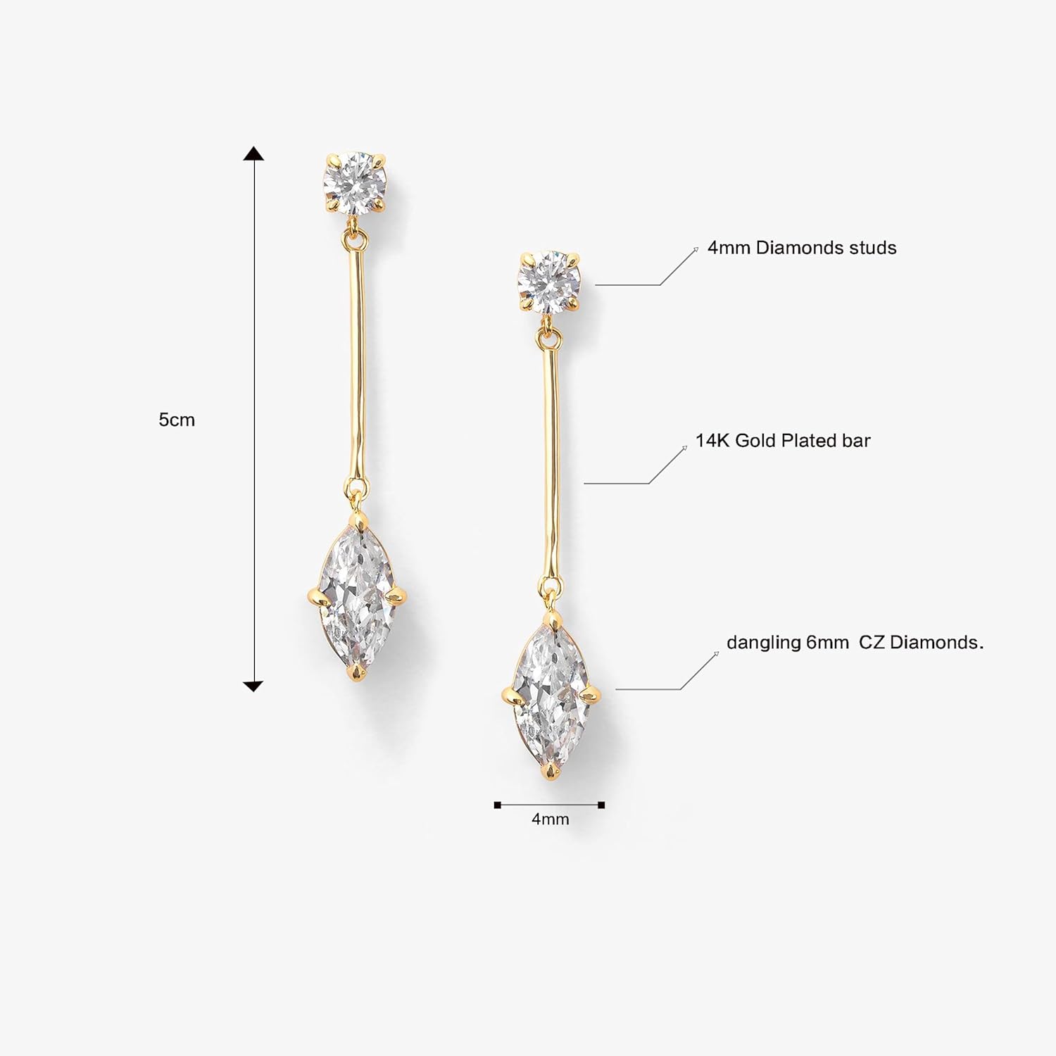 18K Gold Plated Cubic Zirconia Crystal Dangle Earrings for Women Hypoallergenic Long Marquise Diamond Drop Earrings Elegant Dangling Earrings for Bridal Minimalist Wedding Jewelry - Image 6
