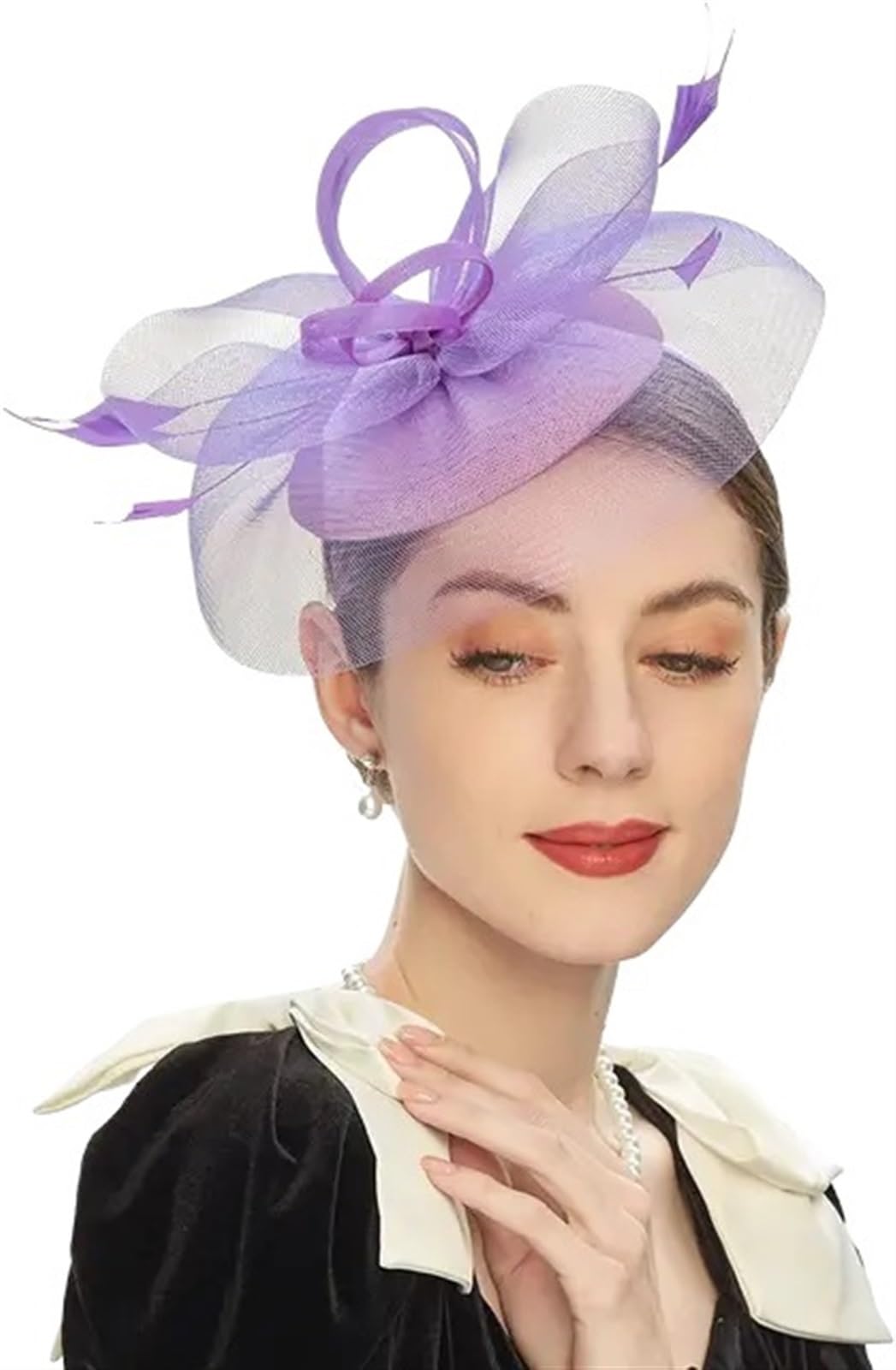 UALXPAO Wedding Hats Women's Fascinator Hat With Feather Mesh Tea Party Hats for Tea Party,Weddings(Purple)