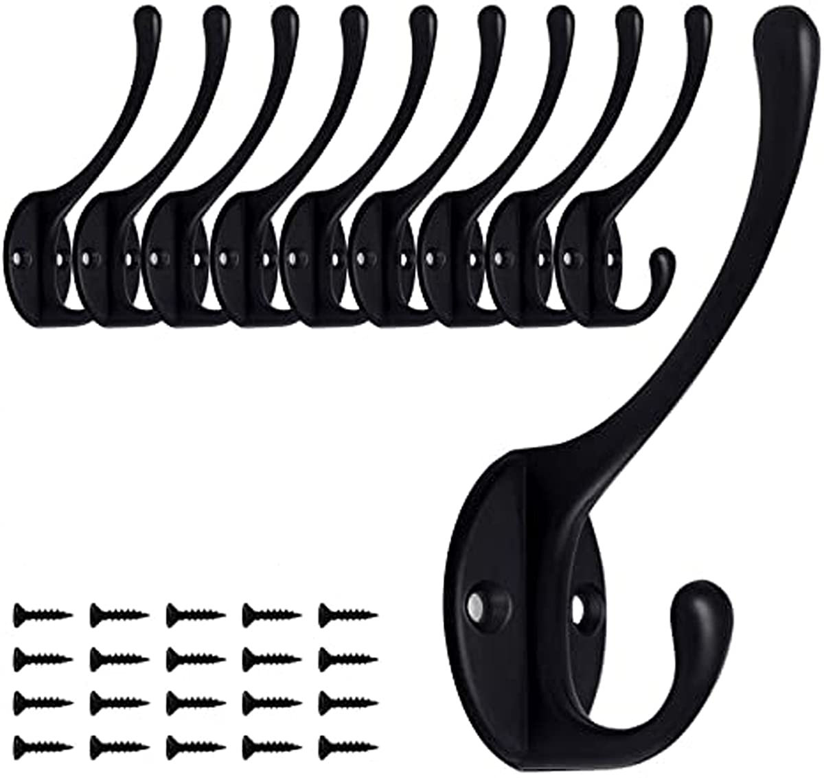 Door Hooks, 10 Pack Matte Black Coat Hooks Heavy Duty Dual Coat Hooks Wall Mounted Utility Black Not Rust Hooks for Coat, Robe, Scarf, Bag, Towel, Key, Hat and More (Black)