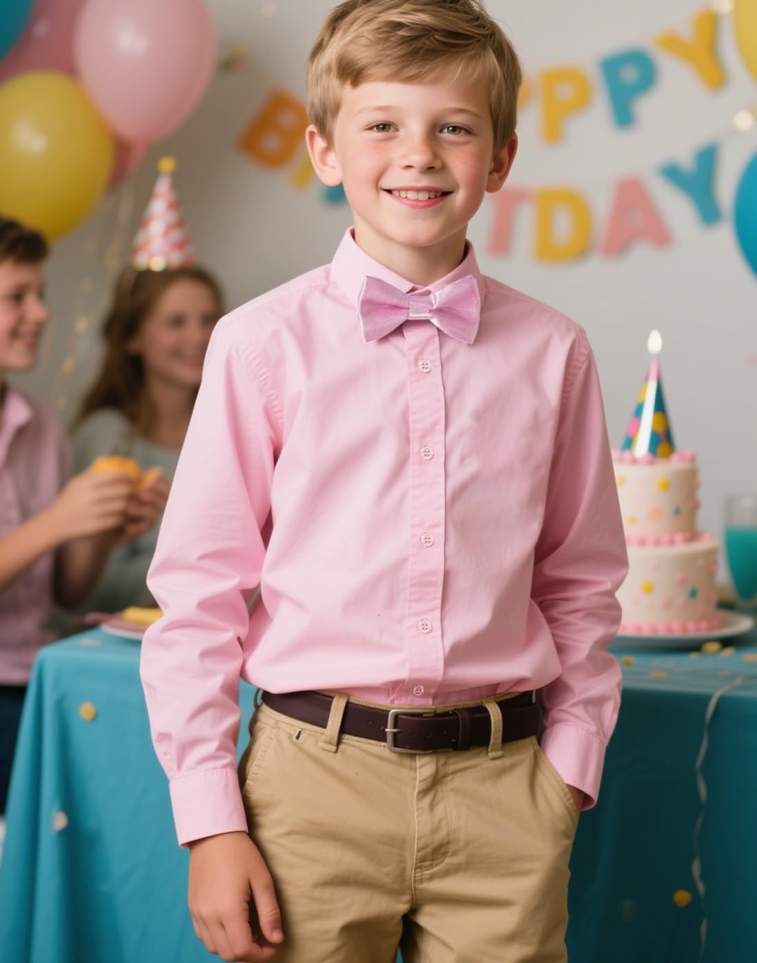 Boys Button Down Shirt Long Sleeve Dress Shirts for Toddler Kids Boy with Bow Bowtie,Size 2-14 Years