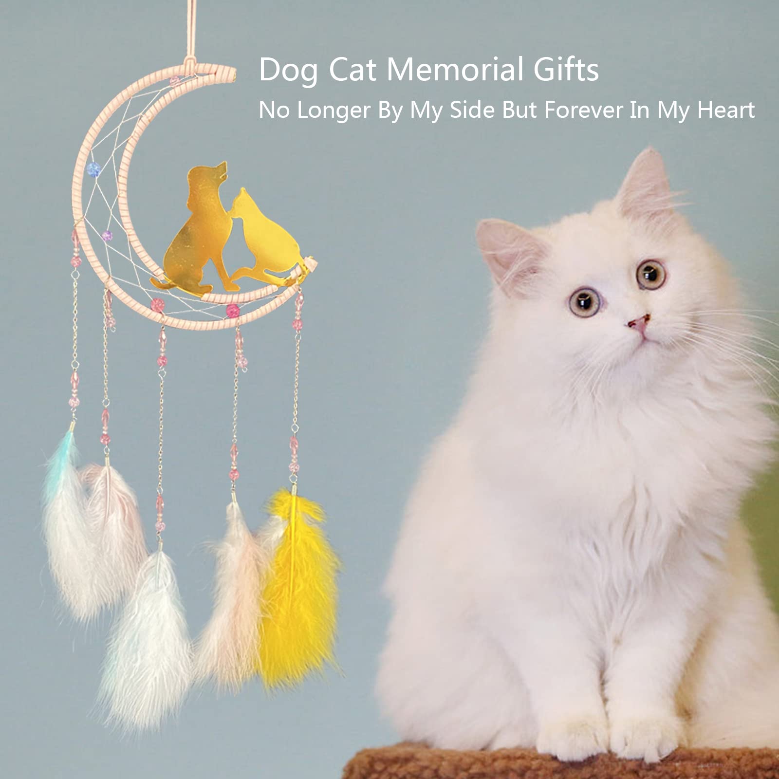 Moon Dream Catchers Dog Cat Dream Catcher for Boys Girls Dog Cat Memorial Gifts for Dog Cat Lovers Native American Dreamcatcher Decor for Bedroom Wall Hanging Ornament Pet Loss Sympathy Blessing Gifts