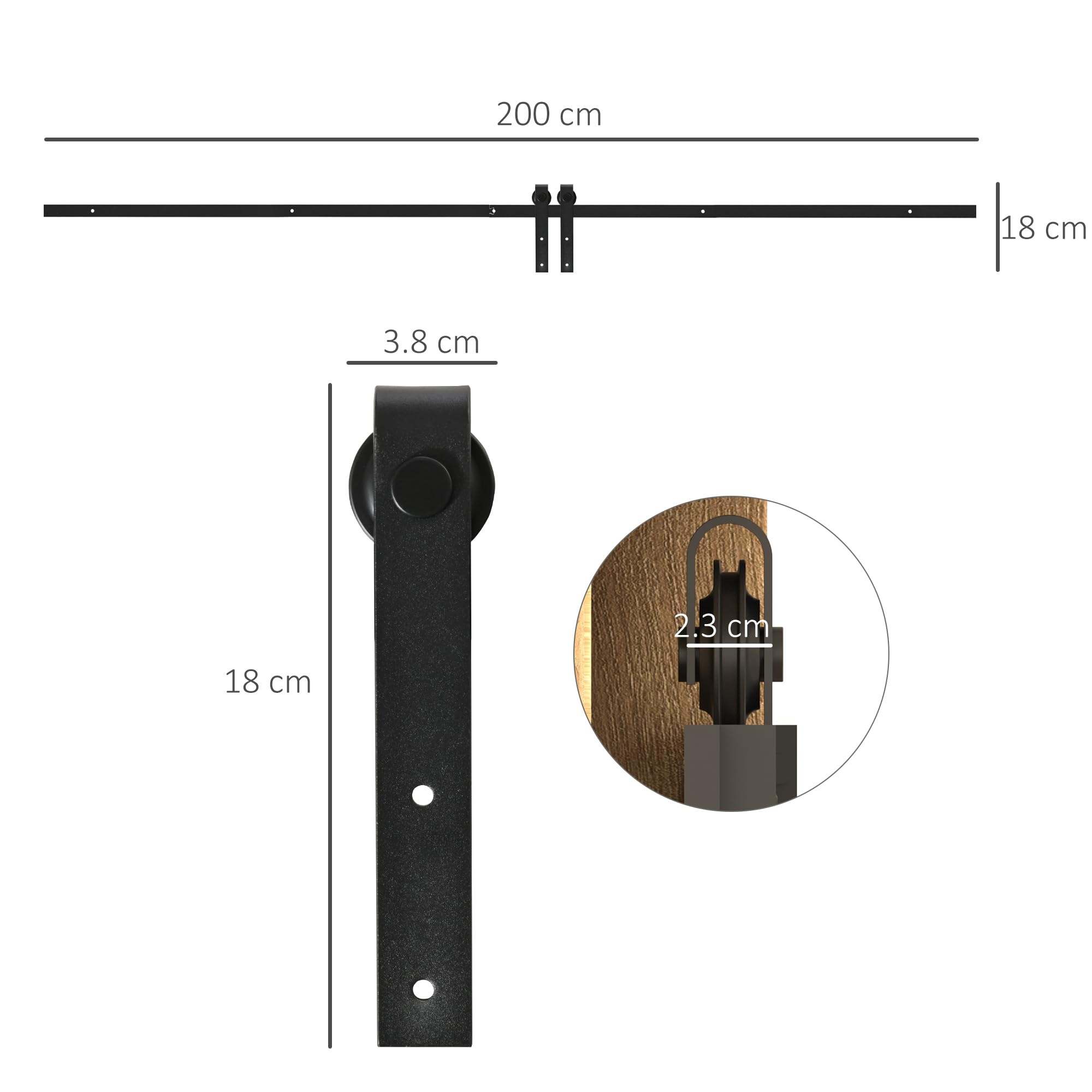 HOMCOM 200CM/6.6FT Kit per Porta Scorrevole Portata 20kg, Binario per Porta Scorrevole e Ante da 200cm con Rotelle Stile Rustico, Nero