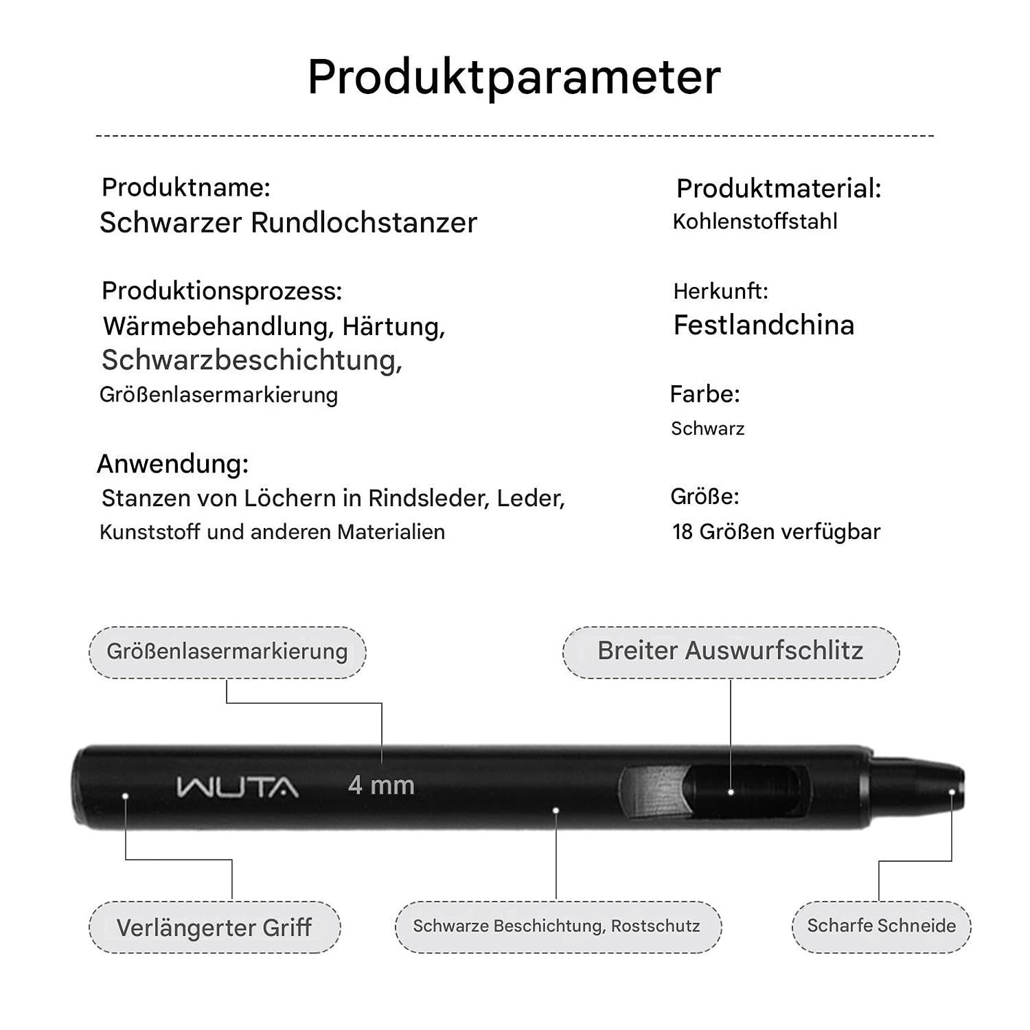 WUTA Schwarzer Leder Runde Lochstanzer,10 Stück Locheisen Set für Leder, Uhrenarmband, Dichtungsgürtel,Lochstanzer Locheisensatz(0.5+1+1.5+2+2.5+3+3.5+4+4.5+5mm)
