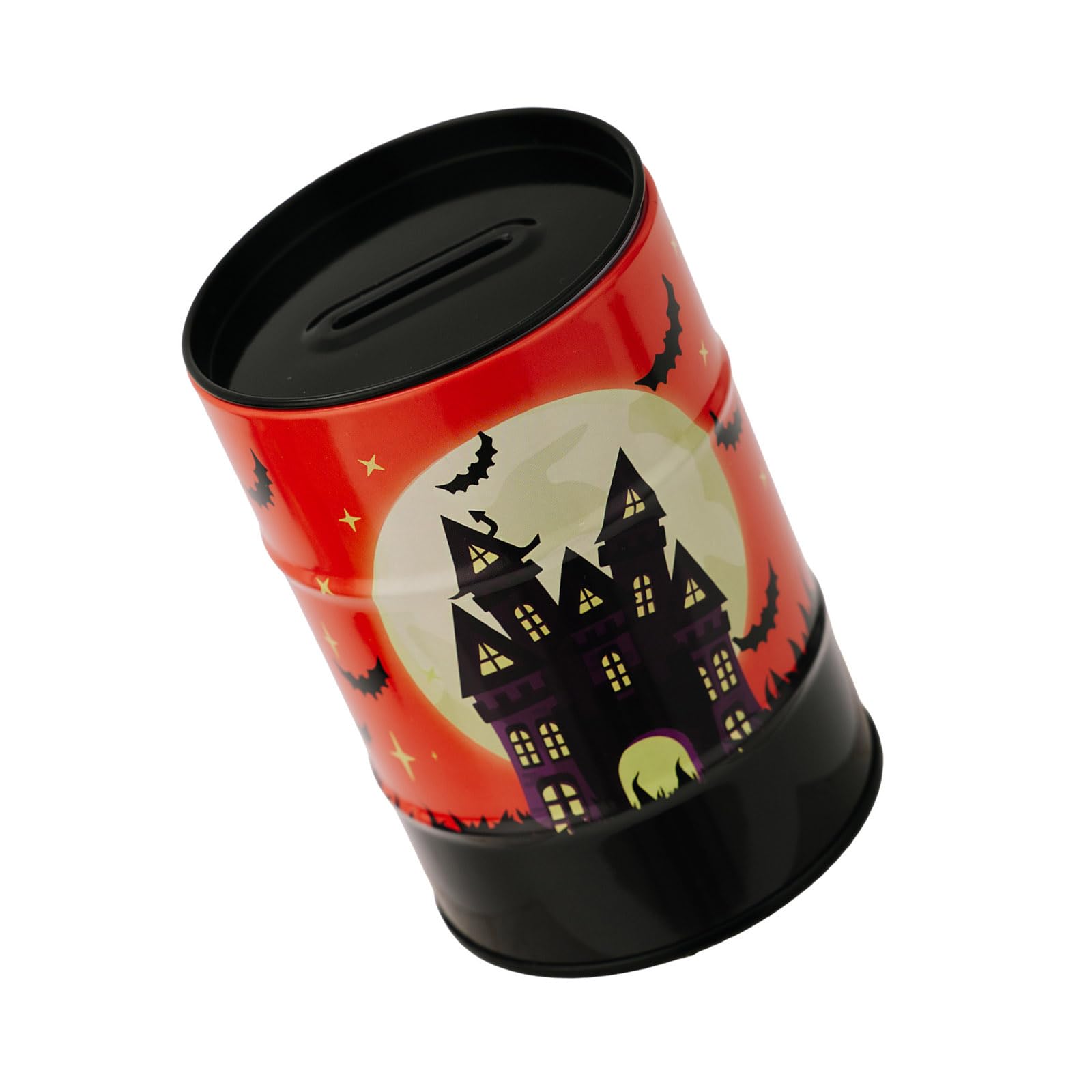 PANGBOER Creative Halloween Themed Tinplate Cylinder Piggy Banks Cartoon Colorful Castles Pattern Money Box Coin Saving Jar Halloween Cylinder Saving Box