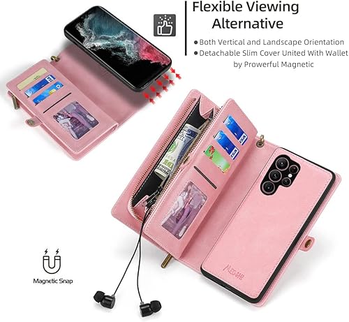 Miniatura 4 de Asuwish Funda de teléfono para Samsung Galaxy S22 Ultra 5G con cremallera, funda desmontable con protector de pantalla y tarjetero de cuero,