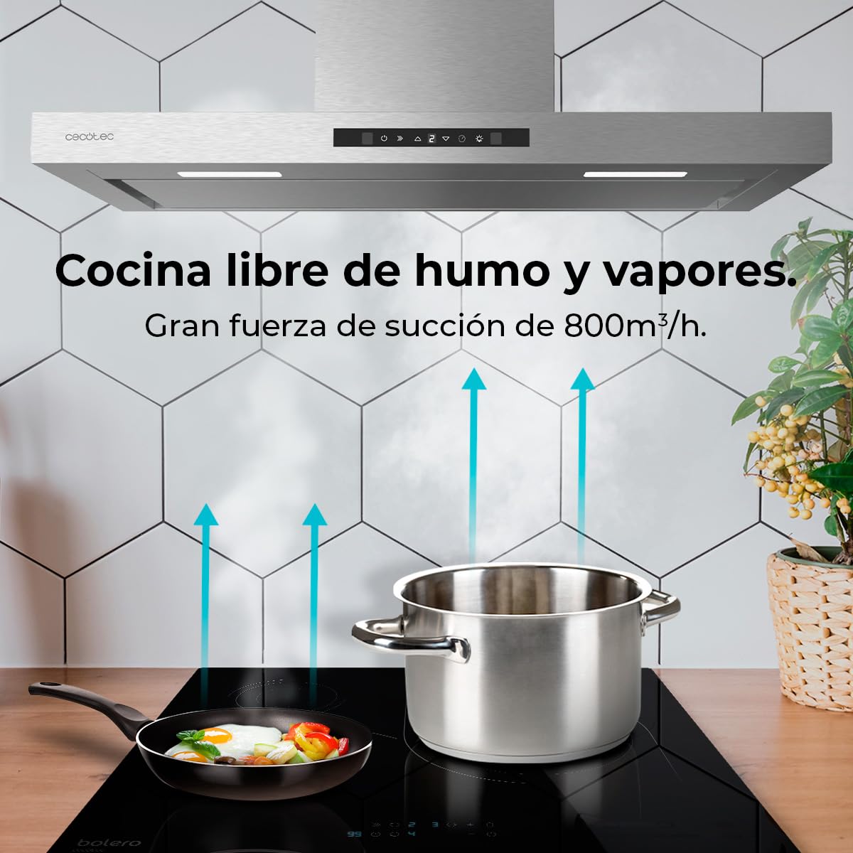Cecotec Campana Extractora 90 cm Flux TT 908000 Glass Black A++, Clase A, 210W, Fuerza de succión de 800 m³/h, Acabado inoxidable, Control táctil, Hand Movement Control, Delay Funtion, Iluminación LED