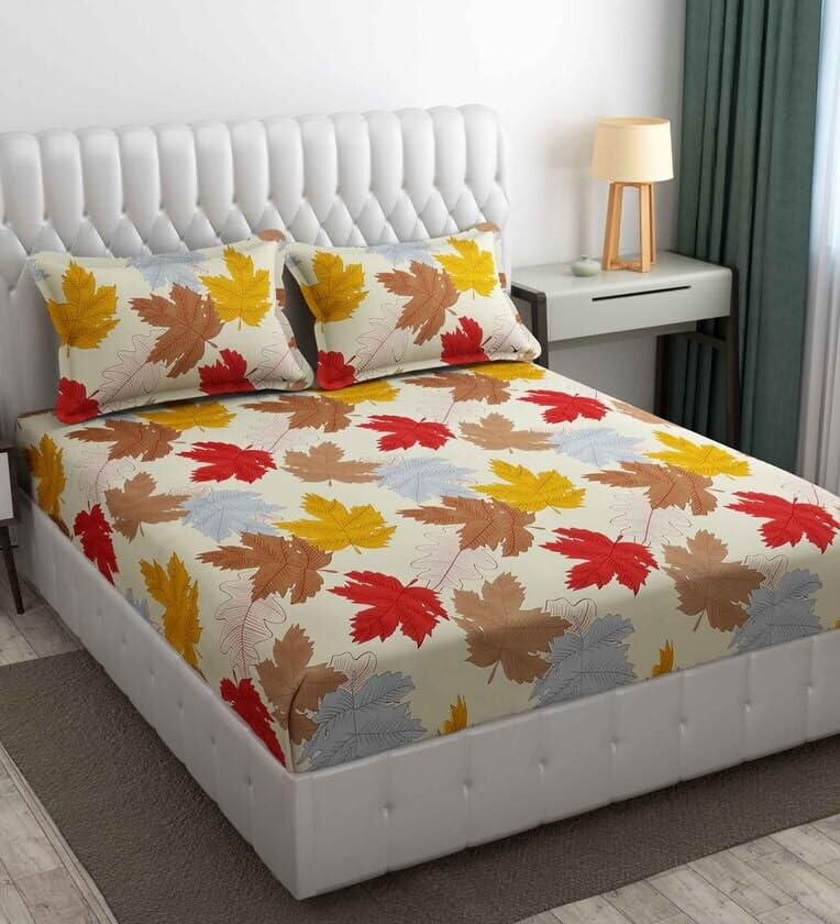 YaAkholic 220 TC Elastic Fitted Double King Size Bed Cotton Bedsheets with 2 Pillow Covers - King Size 78" x 72" Lruxurious Bedding Set for Ultimate Comfort and Style (Leafs) (B0DDHN741Y) Amazon Price History, Amazon Price Tracker