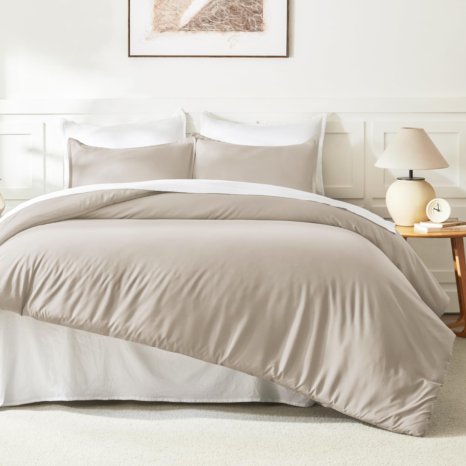 Litanika Oatmeal Comforter Queen Size, 3 Pieces Lightweight Solid Bedding Comforter Set, All Season Fluffy Bed Set (90x90In Comforter & 2 Pillowcases) - Image 6