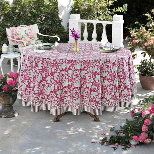 Ridhi Round Tablecloth Hand Block Print 100% Cotton Reusable Deep Pruce Red 60 Inch Table Cover Decorative Everyday Use for Dining, Home, Party, Wedding, Farmhouse, Party Gift for Spring, Mother's Day by Ridhi - Used condition - Image 3